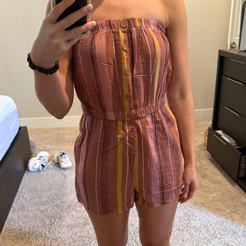 Striped Pink Linen Strapless Romper